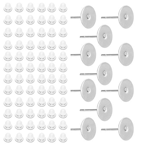 TOAOB 100 Pairs 8mm Hypoallergenic Stainless Steel Earring Posts Flat Pad Blanks Pin Studs and Clear Rubber Earring Backs Jewelry Making Findings