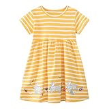HILEELANG Toddler Girls Short Sleeve Easter Dress Cotton Casual Yellow Stripe Bunny Applique Jersey Shirt Playwear Dresses 5T