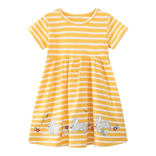 Image of HILEELANG Toddler Girl Short Sleeve Easter Dress Cotton Casual Jersey Shirt Playwear Applique Dress