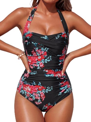 Image of Smismivo Tummy Control Swimwear Halter One Piece Slimming Vintage Retro Swimsuit Womens Ruched Push Up Bathing Suit
