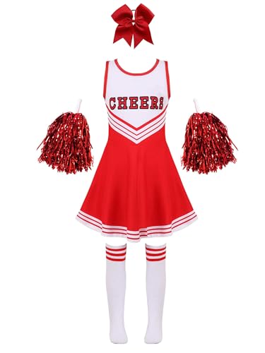 YiZYiF 4 Pièces Pom-Pom Girl Cheerleading Pompons avec Poignée et Barrette Nœud Costume Cheerleading Femme pour fille Rouge 5-6 ans