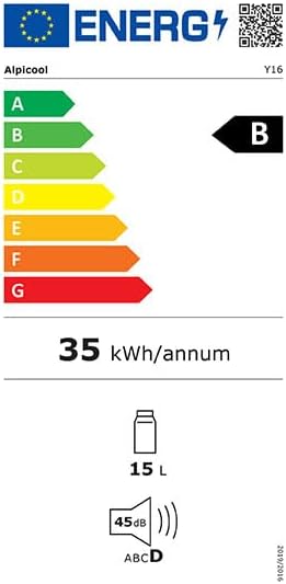 Energy efficiency label for Alpicool Y16T, showing B rating, 35 kWh/annum, 15L capacity, and 45dB noise level.