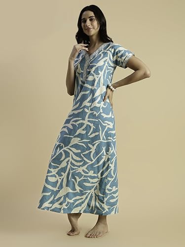 Image of 9shines Label Stylish Pure Cotton Nighty Maxi for Women | Embroidery Neckline Nightgown | A-Line Nightdress with Pocket | Floral Night Gown| Soft Comfortable Cotton Sleepwear (Cotton Yoke)