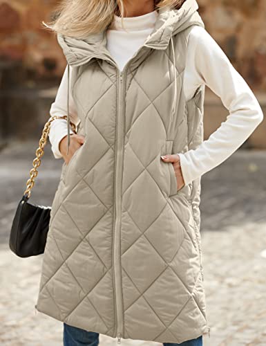 Merokeety Womens Winter Mid Long Zipper Puffer Vest Hooded Sleeveless Lightweight Jacket Coats, Khaki, S #TOP5