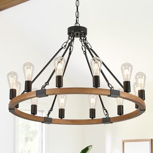 Image of Oak Wooden Wagon Wheel Chandelier 12-Light 31.5 inch Light Fixture