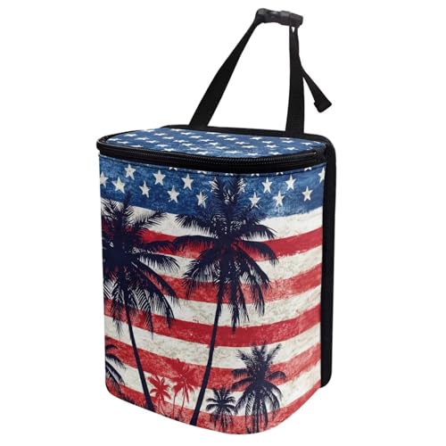 Image of Talayituse American Flag Palm Tree Print Car Trash Can Portable Auto Garbage Bin Multifunctional Vehicle Interior Accessories with Adjustable Straps 4th of July Decor Universal Fit Truck SUV Sedan