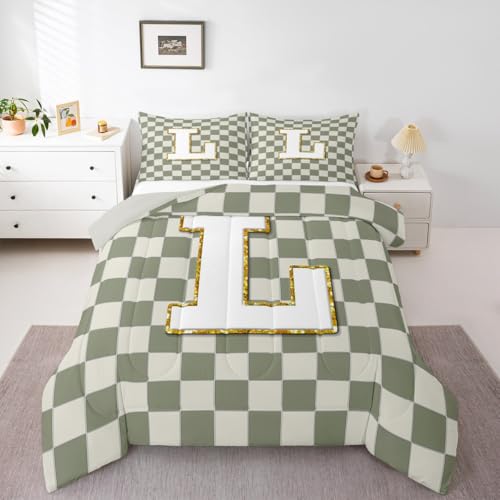 Image of Erosebridal Sage Green Checkered Bedding Set Twin Plaid Initial L Comforter Set for Kids Adults Personalized Monogram Down Comforter,Fashion Grids Gingham Quilt Duvet