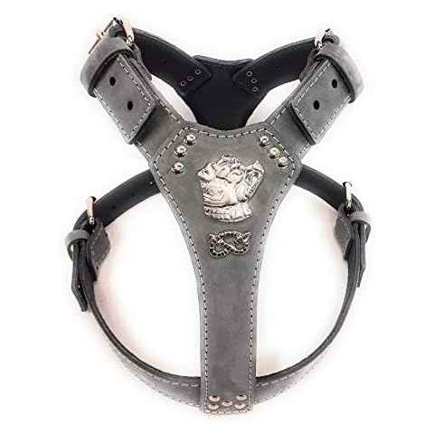 Beautiful Grey Leather Dog Harness Large with Staffordshire Bullterrier Head Motif & Knot Cover