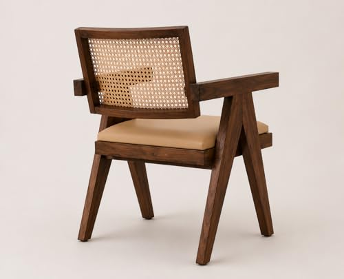 Image of Solid Wood Arm Chair with Cushion and Cane Back Support Chair Living Room Bedroom Home Wooden Armchair Furniture Garden Balcony Outdoor & Indoor (Honey Finish Set of 2)