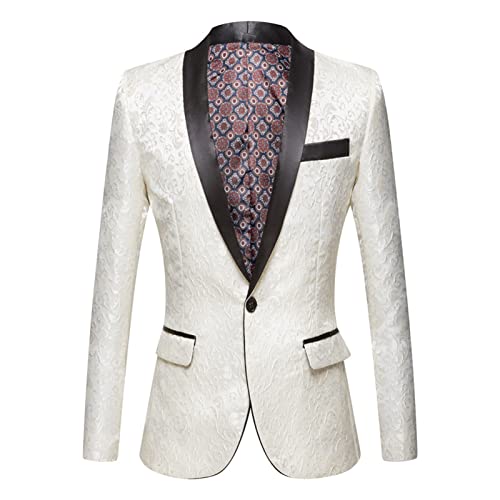 Men's Luxury Floral Tuxedo Jacket Paisley Jacquard Shawl Lapel Dress Suit Embroidered Wedding Blazer Sport Coat (White,XX-Large)