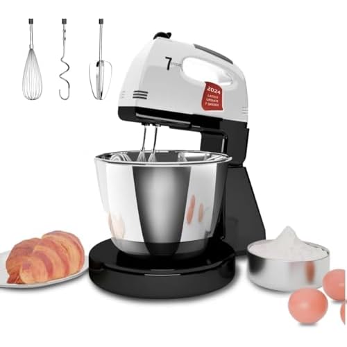 Stand Mixers, 7 Speeds With 3QT Stainless Steel Bowl, Stand and Hand Mixer with Dough Hook, Whisk, Mixing Beater for Baking, Cake, Cookie, Kneading (EC2)