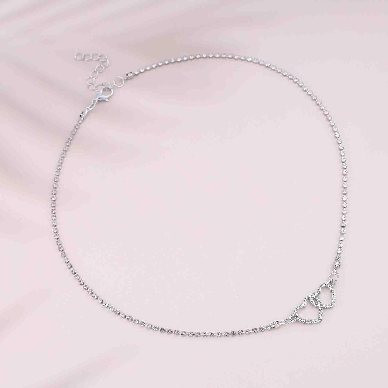 Vintage Crystal Heart Choker Necklaces Rhinestone Heart Pendant Necklaces Silver Interlocking Heart Necklace Tennis Chain Necklace Cz Heart Collar Necklaces Jewelry for Women - Image 3