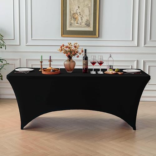 Image of FOLINS&HOME 2 Pack Black 8ft Fitted Spandex Water Resistant Tablecloth | Washable Elastic Rectangle Table Cover for 8 Foot Folding Tables, Stretch Table Cloth for Weddings, Banquets, Parties (2 Pcs)