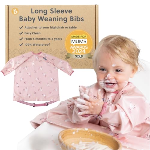 BIBaDO - Long Sleeve Baby Bibs - Babies & Toddlers 6-36 Months - Coverall Baby Weaning Bib - Easy Wipe Clean & Soft Fabric - Attach to Highchair & Tables - Waterproof - Machine Washable - Gifts