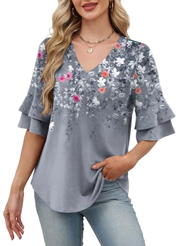 Image of OFEEFAN Spring Tops for Women Boho Shirts Fashion Clothing Cute 3 /4 Length Sleeve Blouses Dressy Casual Summer Outfits