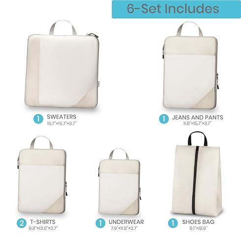 Compression Packing Cubes for Travel, Set of 6 Expandable Luggage Organizers with White Mesh, Lightweight Polyester Oxford Suitcase Essentials for Carry-on & Checked Luggage, Apricot - Image 3
