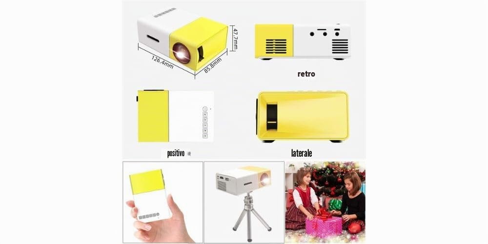 Mini Proiettore LED Portatile Bianco e Giallo, Supporto Full HD 1080P, Ingressi HDMI USB AV SD, Compatibile con Smartphone, Laptop, PS4 e DVD