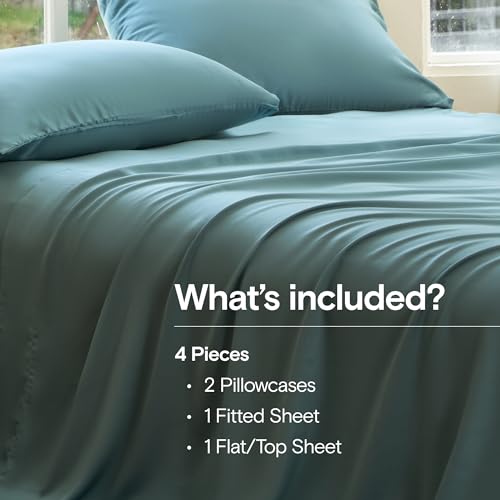 Image of DOZ Sheet Set, 100% Viscose derived from Bamboo, Organically Grown, Buttery Soft, Cooling Sheets, High GSM, Deep Pockets - 4 Piece - 2 Pillowcases 1 Fitted 1 Top Sheet (Teal, King)