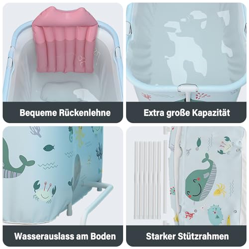 Warmiehomy Faltbare Badewanne, 120X50X55cm Tragbare Klappbadewanne mit Kissen und Rückenlehne, Heißes Bad Eisbad SPA Badewanne für Dusche, Mobile Badewannes für Erwachsene Kinder, Ozean-Stil
