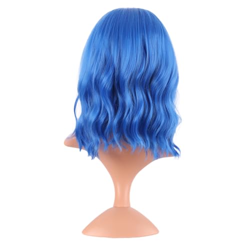 Image of MapofBeauty 14 Inch /35 cm Short Wavy Curly Women Fresh Bright Synthetic Ordinary Flat Bangs Bob Wig (Blue)