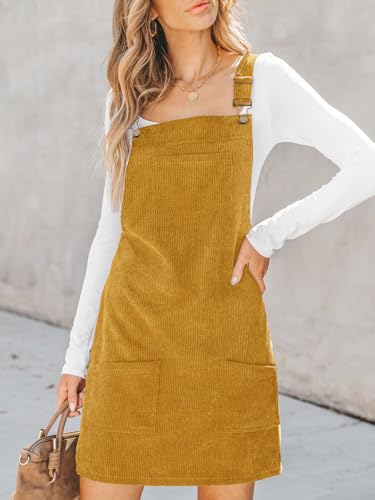 Image of CUPSHE Women Corduroy Fall Dresses Front Bib Pocket Square Neck Wide Strap Casual Overall Mini Dress