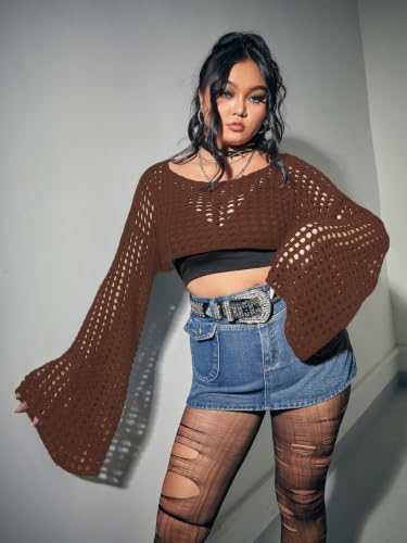Image of Floerns Women's Plus Size Boat Neck Long Sleeve Crochet Cropped Sweater