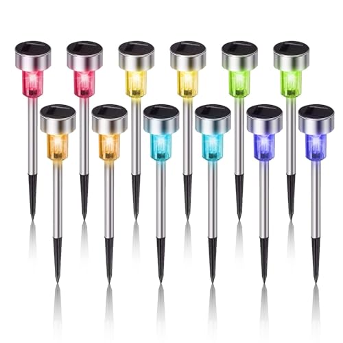 Dream Master Solar Lights Outdoor Waterproof, Stainless Steel LED Landscape Lighting Outdoor for Outside Solar Garden Lights for Pathway, Walkway, Patio, Yard, Lawn – 12 Pack (Multicolor)