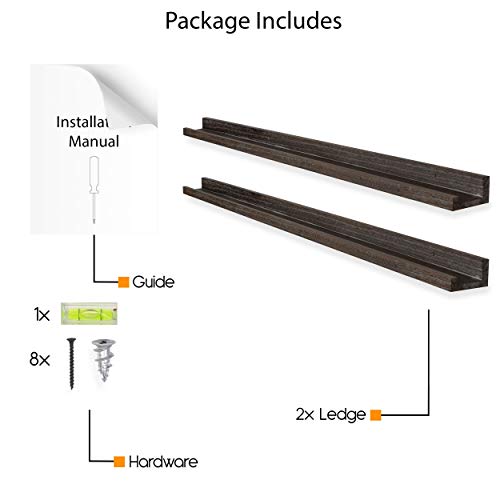 Rustic State Ted Wall Mount Extra Long Narrow Picture Ledge Shelf Display | 60 Inch Floating Wooden Storage Shelves Torched Brown Set of 2