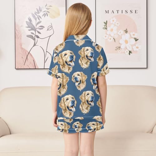 Navy Golden Retriever Dog Summer Satin Pajama Set, Cute Button-Down Sleepwear Pj Set for Sleep Wears4
