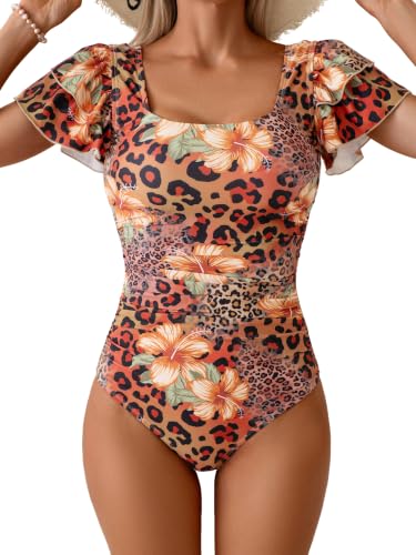 Image of Eomenie Women's Tummy Control One Piece Swimsuit Ruffle Square Neck Bathing Suit Ruched Cutout Back Slimming Swimwear