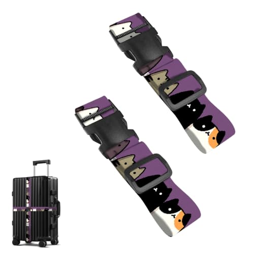 Image of Nuxovilar Luggage Straps Set for Suitcase 1.96x71in Polyester | Cargo Strap Travel Belt Security Buckle Band Pet Lover Leisure Trip Family Travel (Cats on Purple)