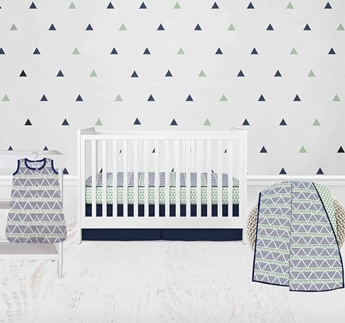 Bacati - 100 Percent Breathable Cotton Muslin 4 Piece Nursery Baby Crib Bedding Set for Boys/Girls US Standard Crib (Triangles Mint/Navy)
