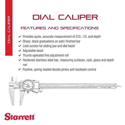 Starrett Dial Caliper With Adjustable Bezel And Fitted Case - White Face, 0-12" Range, -0.001" Accuracy.001" Graduations - 3202-12 #TOP1