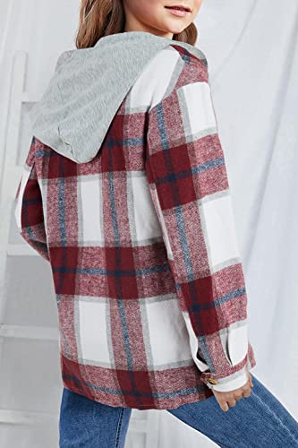 Image of Girls Cute Flannel Plaid Button Down Top with Pockets Long Sleeve Hooded Jacket