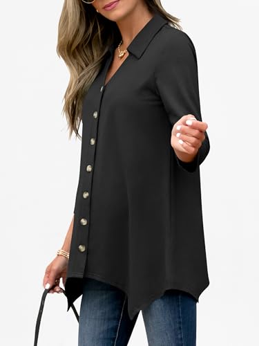 ANRABESS 3/4 Sleeve Tunic Tops for Women Lapel V Neck Button Down Shirts Business Dressy Casual Blouse with Asymmetrical Hem4