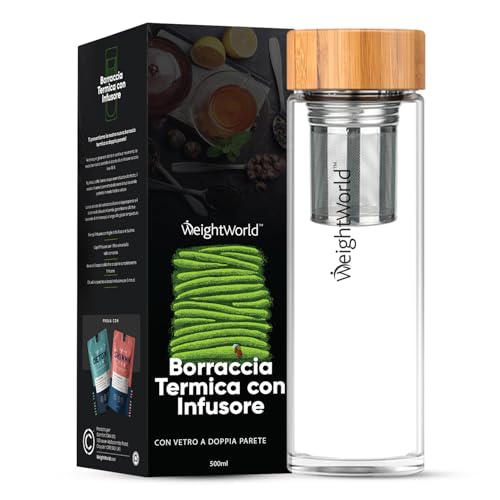Borraccia Termica 500ml con Infusore per Tisane, Borraccia in Vetro Borosilicato a Doppia Parete Antiperdite, Infusore Tè Acciaio Inox con Filtro Te Infusione, Tappo in Bambù, Bevande Calde o Fredde