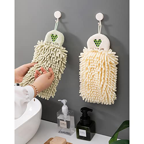 4 Pack Chenille Hand Towel With Hanging Loops, Soft Absorbent Microfiber Embroidery Hanging Hand Towels Plush Quick-Drying Chenille Ball Hand Towels For Bathroom Kitchen (Light Green + Beige) #TOP1