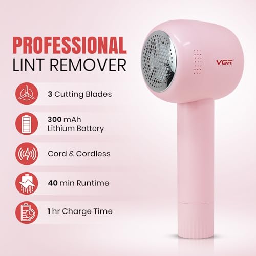 Image of VGR V-813 Professional Lint Remover for Clothes, Rechargeable Fabric Shaver with Stainless Steel Blades, USB Type-C Charging, Powerful Fuzz Remover for Sweaters, Wool, Blankets & Furniture, Blush Pink