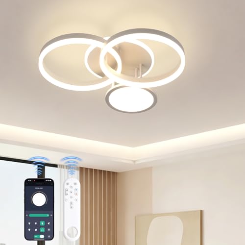 Plafonnier LED dimmable 45W 4 anneaux blancs au design moderne pour le salon