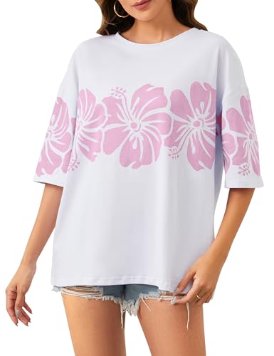 Anoumcy Cotton Oversized Hibiscus Tee Shirt for Women Floral