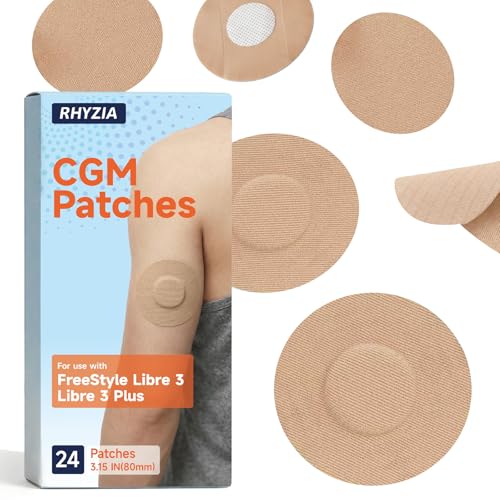 RHYZIA Freestyle Libre 3/Libre 3 Plus Sensor Covers, Non-Adhesive Center, Acrylic Pressure-Sensitive Adhesive, Breathable Waterproof Latex-Free, 24-Pack CGM Adhesive Patches, Low-Profile Fit (Nude)