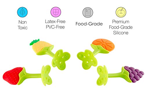 Baby Teething Toys W/Safe Smoothened Edges (4 Count) | Food Grade Soft Silicone Fruit Teethers For Babies | Fridge & Dishwasher Safe | 100% Bpa-Free Teether Set For Boys & Girls #TOP1