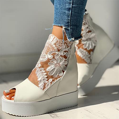 Comfortable Platform Sandal Sexy Open Toe Lace Mesh Booties Women's Fashionable Height Increasing Shoes Party Wedding Dress Shoes (Color : White, Shoe Size : 7)2