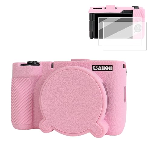 VOVMOEYA Canon PowerShot V1ケース用カメラケース、Canon v1カメラシリコンケース、超薄型スクリーンプロテクター2枚、取り外し可能なレンズキャップ付き