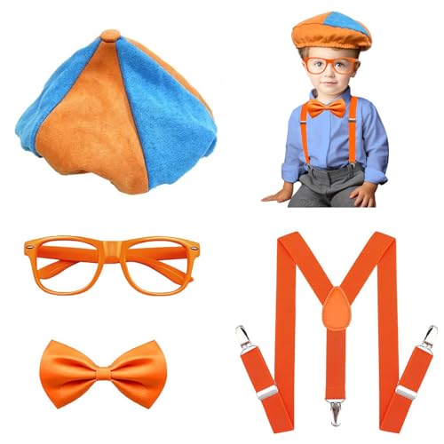 Ainuit Orange and Blue Costume Roleplay Accessories Set for Kids and Toddlers, Includes Bow Tie, Suspenders, Hat, and Glasses - Fun Dress-Up Kit for Parties and Events