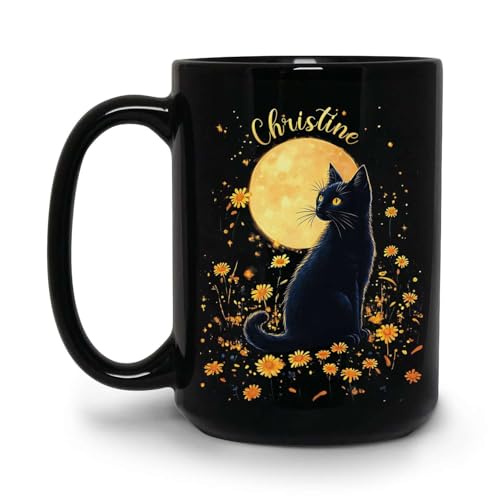 Black Cat Mug With Full Moon Design, Customized Mystical Cat Coffee Cup For Adults, Personalized Name Black Cat Mug, Gift For Cat Lovers, Custom Animal Art Black Cup 11oz 15oz