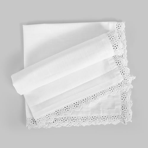 Image of FINGERCRAFT Cloth Napkins Set of 6, 20x20 Inch, 100% Cotton Table Napkins with Premium White Lace Edge, Reusable Washable Dinner Napkins for Wedding, Festive Dining, Parties & Home Decor (White)