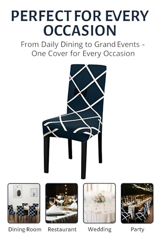 Image of Dining Chair Covers Set of 2, Stretchable Removable Washable Anti-Slip Universal Fit Printed Polyester Spandex Slipcovers (Blue Square)