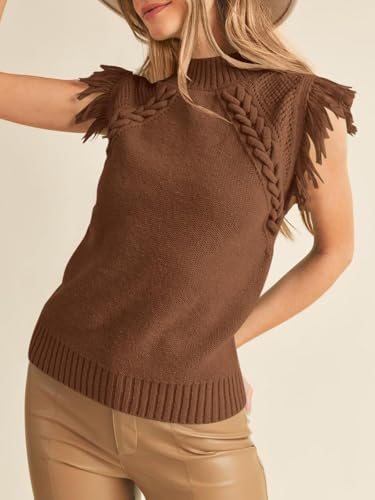 Image of Womens Summer Sleeveless Sweater Vest 2025 Mock Neck Cable Knit Fringe Cap Sleeve Boho Trendy Pullover Tank Tops