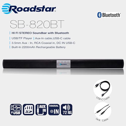 Roadstar Barre de Son TV Bluetooth Soundbar Hi FI pour TV ou PC, Haut-parleurs stéréo 72 W, Lecture RCA, AUX et USB, sans Fil, Batterie Rechargeable 2200 mAh, SB820BT – Image 3